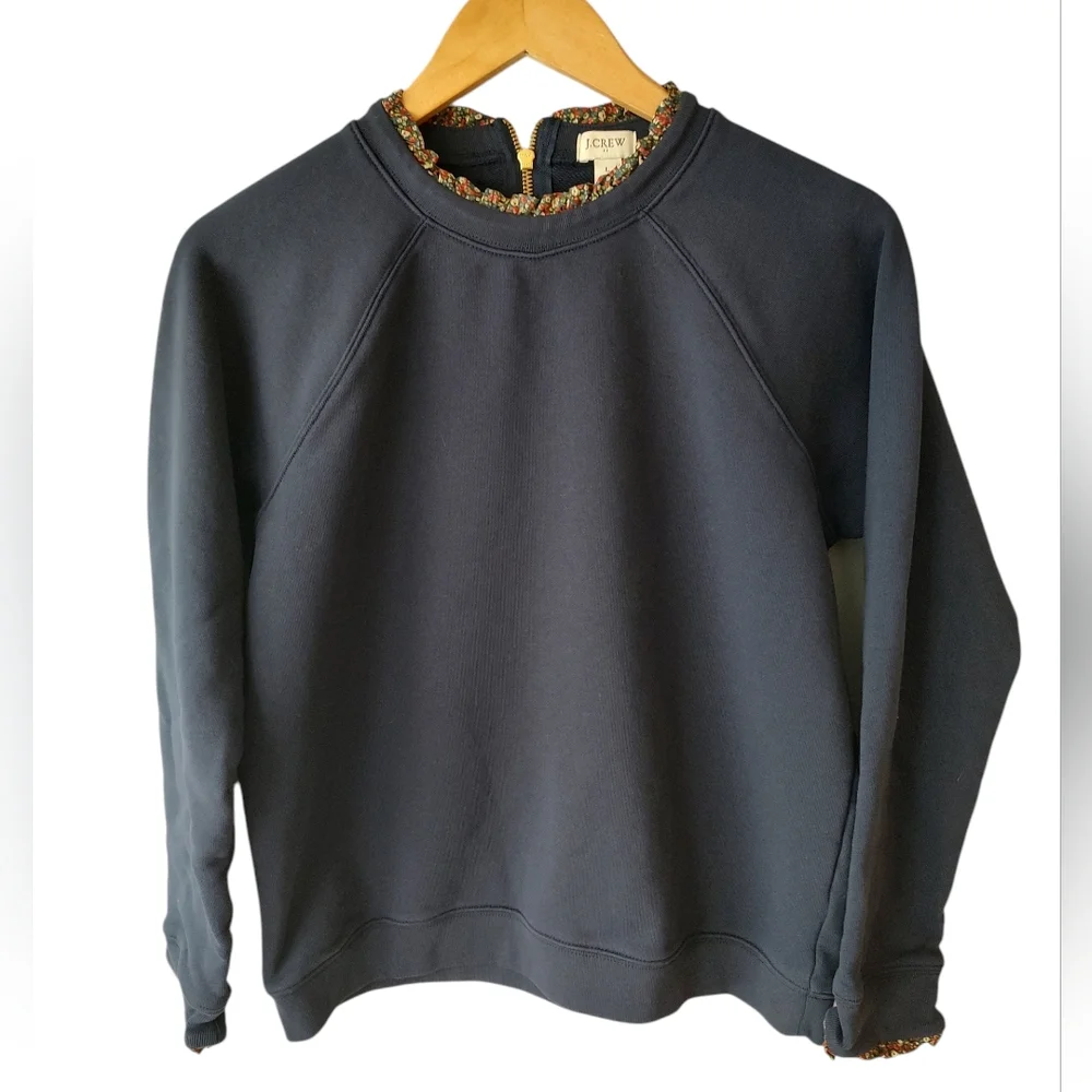 J. Crew Navy Blue Long Sleeve Sweatshirt with Floral Trim Size Large